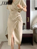 imCharms 2023 Summer Elegant Temperament V-Neck Cross Dress Button Pleated Design Short-Sleeved Slit Skirt
