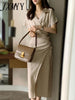 imCharms 2023 Summer Elegant Temperament V-Neck Cross Dress Button Pleated Design Short-Sleeved Slit Skirt