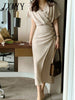 imCharms 2023 Summer Elegant Temperament V-Neck Cross Dress Button Pleated Design Short-Sleeved Slit Skirt