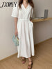 imCharms 2023 Summer Elegant Temperament V-Neck Solid Color Dress With Belt Mid-Length Women's Dress