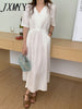 imCharms 2023 Summer Elegant Temperament V-Neck Solid Color Dress With Belt Mid-Length Women's Dress