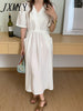 imCharms 2023 Summer Elegant Temperament V-Neck Solid Color Dress With Belt Mid-Length Women's Dress