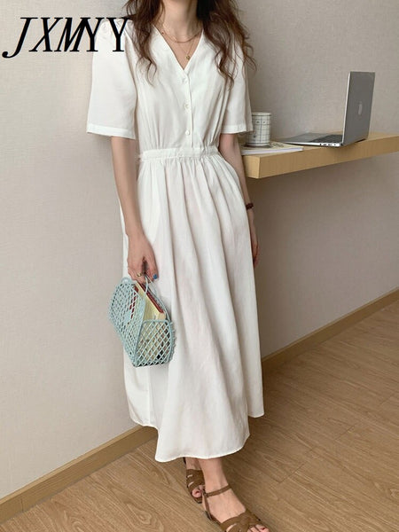 imCharms 2023 Summer Elegant Temperament V-Neck Solid Color Dress With Belt Mid-Length Women's Dress