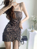 imCharms 2023 Summer Elegant Temperament Zebra Print Sling Drawstring Pleated Short Skirt Women's Dress