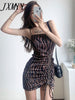 imCharms 2023 Summer Elegant Temperament Zebra Print Sling Drawstring Pleated Short Skirt Women's Dress