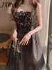 imCharms 2023 Summer Flower Embroidery Black Lace Suspenders Elegant Dress Women's Gauze Skirt