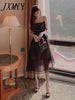 imCharms 2023 Summer Flower Embroidery Black Lace Suspenders Elegant Dress Women's Gauze Skirt
