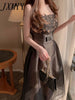 imCharms 2023 Summer Flower Embroidery Black Lace Suspenders Elegant Dress Women's Gauze Skirt