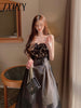 imCharms 2023 Summer Flower Embroidery Black Lace Suspenders Elegant Dress Women's Gauze Skirt