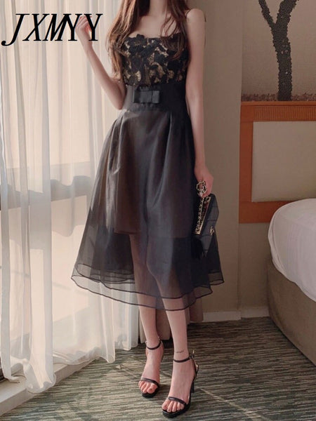 imCharms 2023 Summer Flower Embroidery Black Lace Suspenders Elegant Dress Women's Gauze Skirt