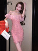 imCharms 2023 Summer Ladies Craft Beaded Chiffon Stitching Slim Bag Hip Off The Shoulder Temperament Dress