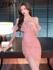 imCharms 2023 Summer Ladies Craft Beaded Chiffon Stitching Slim Bag Hip Off The Shoulder Temperament Dress