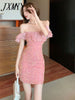 imCharms 2023 Summer Ladies Craft Beaded Chiffon Stitching Slim Bag Hip Off The Shoulder Temperament Dress