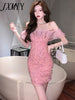 imCharms 2023 Summer Ladies Craft Beaded Chiffon Stitching Slim Bag Hip Off The Shoulder Temperament Dress
