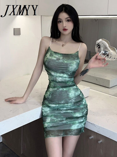 imCharms 2023 Summer Product Printing tie-Dye Temperament Suspender Skirt Slim Fit Hip Double Layer Sexy Dress