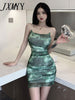 imCharms 2023 Summer Product Printing tie-Dye Temperament Suspender Skirt Slim Fit Hip Double Layer Sexy Dress