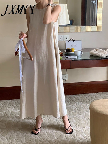 imCharms 2023 Summer Products Casual Loose All-Match Retro Temperament Long Sleeveless Vest Linen Women's Dress
