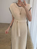 imCharms 2023 Summer Products Contrast Color Simple Casual Loose Slit Lace Belt Lazy Wind Knit Sweater Sleeveless Dress