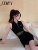 imCharms 2023 Summer Products Mesh Stitching Slim Fit Black Elegant Temperament Dress Women's Elastic Skirt