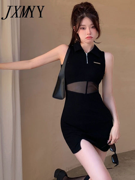 imCharms 2023 Summer Products Mesh Stitching Slim Fit Black Elegant Temperament Dress Women's Elastic Skirt