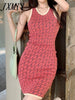 imCharms 2023 Summer Retro Halter Neck Slim Cross Open Back Sleeveless Hip Jacquard Knitted Dress Women's