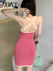imCharms 2023 Summer Retro Halter Neck Slim Cross Open Back Sleeveless Hip Jacquard Knitted Dress Women's