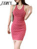 imCharms 2023 Summer Retro Halter Neck Slim Cross Open Back Sleeveless Hip Jacquard Knitted Dress Women's