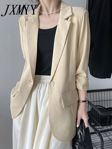 imCharms 2023 Summer Solid Color Suit Retro Style Women's Two Button Loose White Casual Suit Jacket