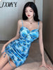 imCharms 2023 Summer Temperament High Elastic Printing Sling Bag Hip Skirt Drawstring Slim Dress Women's