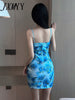imCharms 2023 Summer Temperament High Elastic Printing Sling Bag Hip Skirt Drawstring Slim Dress Women's