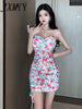 imCharms 2023 Summer Temperament High Elastic Printing Sling Bag Hip Skirt Drawstring Slim Dress Women's
