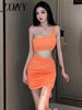 imCharms 2023 Summer Temperament Sexy Bright Color Slim Waist Bag Hip Slanted Shoulder Drawstring Dress Women
