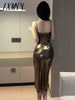 imCharms 2023 Summer Temperament Sexy Suspenders Slim Bag Hip Midi Skirt Shiny Dress Female