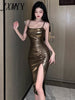 imCharms 2023 Summer Temperament Sexy Suspenders Slim Bag Hip Midi Skirt Shiny Dress Female