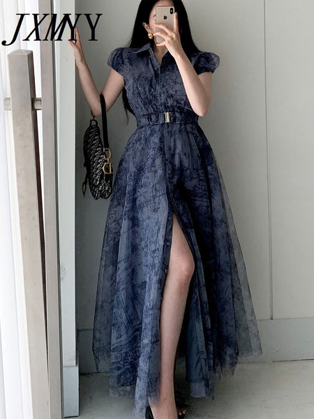 imCharms 2023 Summer Temperament Chic Sweet Lapel Single-Breasted Tie Waist Puff Sleeve Design Ink Smudge Dress
