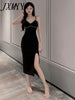 imCharms 2023 Summer Temperament Suspenders V-Neck High Waist Slim Slit Bag Hip Mid-Length Solid Color Sexy Dress Women