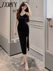 imCharms 2023 Summer Temperament Suspenders V-Neck High Waist Slim Slit Bag Hip Mid-Length Solid Color Sexy Dress Women