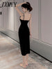 imCharms 2023 Summer Temperament Suspenders V-Neck High Waist Slim Slit Bag Hip Mid-Length Solid Color Sexy Dress Women