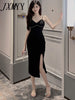 imCharms 2023 Summer Temperament Suspenders V-Neck High Waist Slim Slit Bag Hip Mid-Length Solid Color Sexy Dress Women