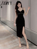 imCharms 2023 Summer Temperament Suspenders V-Neck High Waist Slim Slit Bag Hip Mid-Length Solid Color Sexy Dress Women