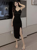 imCharms 2023 Summer Temperament Suspenders V-Neck High Waist Slim Slit Bag Hip Mid-Length Solid Color Sexy Dress Women