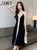imCharms 2023 Summer Contrast Color Temperament V-Neck Slit Long Sling Knitted Dress Female Hepburn Style Little Black Dress
