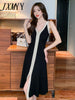 imCharms 2023 Summer Contrast Color Temperament V-Neck Slit Long Sling Knitted Dress Female Hepburn Style Little Black Dress