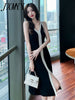 imCharms 2023 Summer Contrast Color Temperament V-Neck Slit Long Sling Knitted Dress Female Hepburn Style Little Black Dress