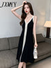 imCharms 2023 Summer Contrast Color Temperament V-Neck Slit Long Sling Knitted Dress Female Hepburn Style Little Black Dress