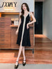 imCharms 2023 Summer Contrast Color Temperament V-Neck Slit Long Sling Knitted Dress Female Hepburn Style Little Black Dress