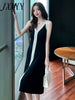 imCharms 2023 Summer Contrast Color Temperament V-Neck Slit Long Sling Knitted Dress Female Hepburn Style Little Black Dress