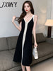 imCharms 2023 Summer Contrast Color Temperament V-Neck Slit Long Sling Knitted Dress Female Hepburn Style Little Black Dress