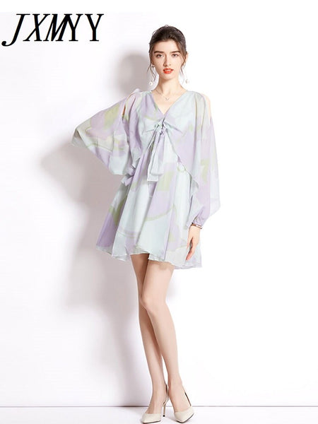 imCharms 2023 Summer And Comfortable Chiffon Printing Fairy Elegant Temperament V-Neck Dress Women's