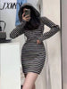 imCharms 2023 Summer Casual Simple Hooded Zipper Slim Long-Sleeved Striped Knitted Dress Women's